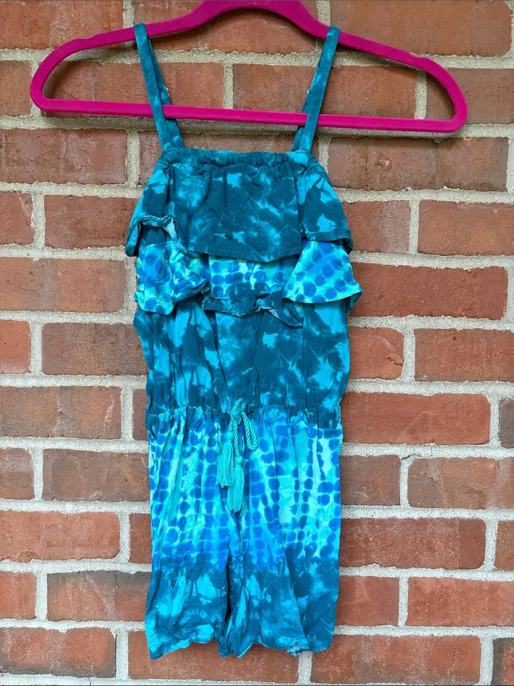 EUC Sz 10 girls Justice Teal Blue Tie-Dye Ruffle Romper